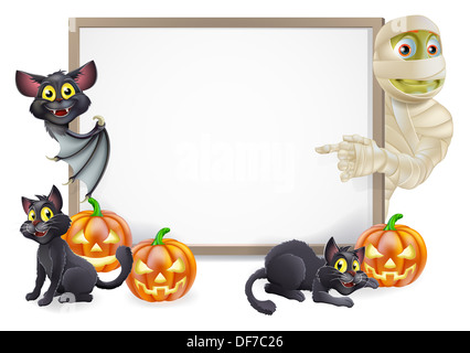 Halloween Schild orange Halloween-Kürbisse und schwarze Katzen, Besen-Stick und Cartoon-Mumie und Vampir-Fledermaus Zeichen Stockfoto