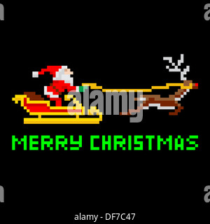 Retro-Arcade-Videospiel Stil Pixelkunst Weihnachten Weihnachtsmann im Schlitten mit Merry Xmas Nachricht Stockfoto