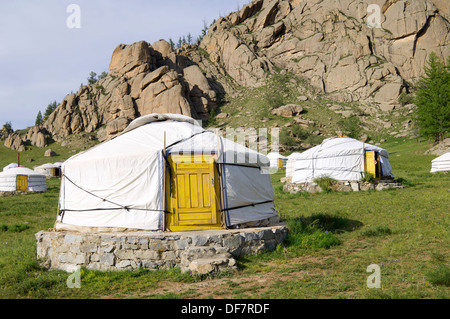 Mongolische Jurten in Gorkhi-Terelji Nationalpark, Mongolei Stockfoto