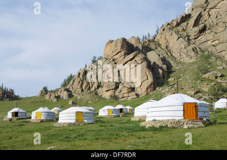 Mongolische Jurten in Gorkhi-Terelji Nationalpark, Mongolei Stockfoto