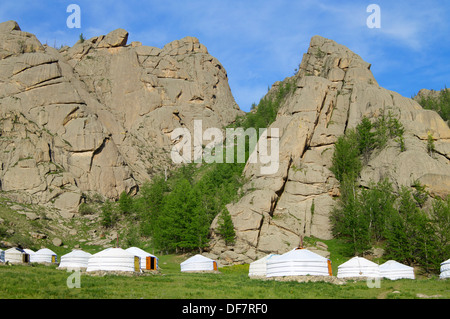 Mongolische Jurten in Gorkhi Terelji Nationalpark, Mongolei Stockfoto