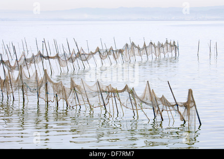 Blick auf einige Fischernetze auf stehendes Wasser in La Albufera, Valencia, Spanien Stockfoto