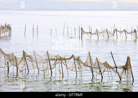 Blick auf einige Fischernetze auf stehendes Wasser in La Albufera, Valencia, Spanien Stockfoto