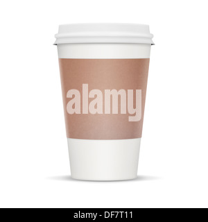 Tasse Kaffee zum mitnehmen. Weiße leere Tasse mit Hitzeschutz. Auf einem weißen Hintergrund mit Clipping-Pfad und viele Kopie zu isolieren Stockfoto