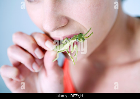 FRAU ESSEN INSEKTEN Stockfoto