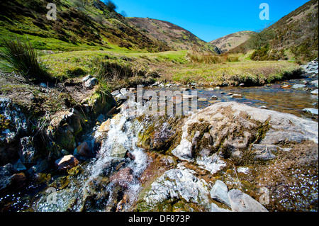 Bach durch Carding Mill Valley, Long Mynd, Kirche Stretton, Shropshire, England Stockfoto