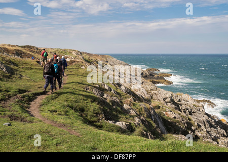Wanderer zu Fuß am Küstenweg entlang der felsigen Küste von Llaneilian Amlwch auf Isle of Anglesey, North Wales, UK, Großbritannien Stockfoto