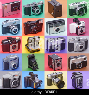 Sammlung von zwanzig alten klassischen Vintage und Retro-Kameras von Kodak Polaroid Konica Halina und anderen Stockfoto