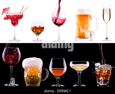 verschiedene alkoholische Getränke set isoliert-Bier, Martini, Cola, Scotch, Champagner, Wein, Saft Stockfoto