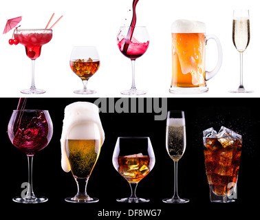 verschiedene alkoholische Getränke set isoliert-Bier, Martini, Cola, Scotch, Champagner, Wein, Saft Stockfoto