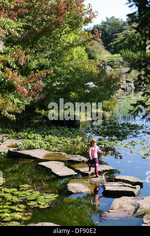 Cambridge University Botanic Garden im frühen Herbst und HER Mädchen geht über SKIPPING STONES durch A Teich. Stockfoto