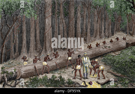 Afrika. Stanley-Expedition. Das neue "Livingstone Kanu" Ausschneiden. Farbige Gravur. Stockfoto