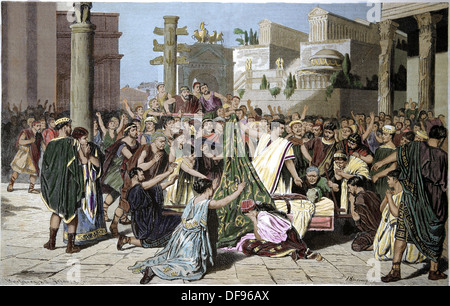Mark Antony (83-30 v. Chr.) zeigt die Leiche von Julius Caesar (100-44 v. Chr), den Bürgern der Stadt Rom. Gravur Stockfoto