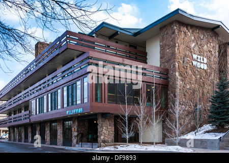 Außerhalb Wildwood Hotels, Snowmass Village, Colorado. Stockfoto