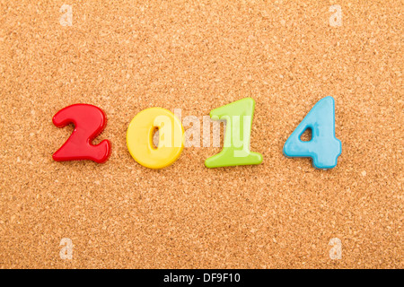 Neues Jahr, 2014, auf einer Pinnwand geschrieben Stockfoto
