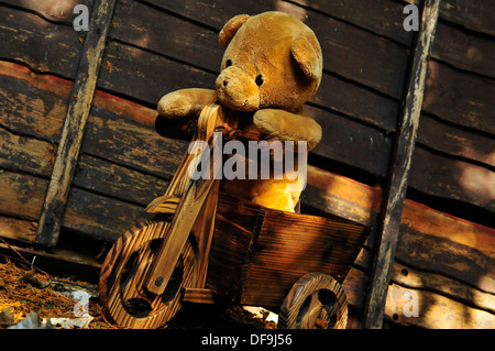 Teddy auf hölzernen Trike Stockfoto