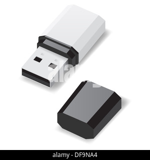 Weiß-USB-Stick mit schwarze Kappe isoliert auf weiss. Stockfoto