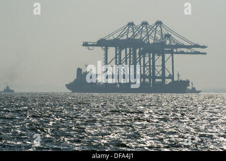 Thames Gateway, London, UK. 1. Oktober 2013, liefert das Schiff Zhen Hua 24 3 neue Krane bei Thames Gateway, DP World. Das Schiff die riesigen Kräne kam heute Morgen und ist Manouvred in Platz von drei Schleppern am neuen Hafen, der bald öffnen soll. Es werden die größten Schiffe der Welt behandeln können. Bildnachweis: Allsorts Stock Foto/Alamy Live-Nachrichten Stockfoto