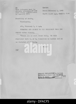 Ein Brief von Winston Churchill an Franklin D. Roosevelt, der die diplomatische Kommunikation zwischen den beiden Führern während des Zweiten Weltkriegs widerspiegelt Stockfoto