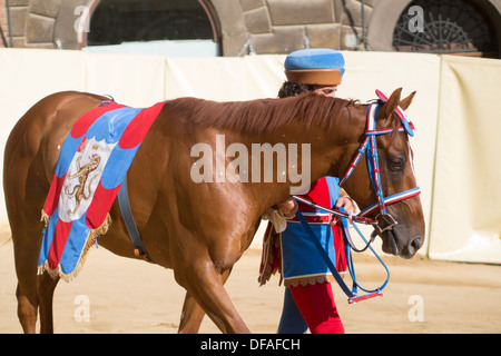 Paraden vor dem Palio-Pferderennen in Il Campo (mittelalterliche Stadtplatz), Siena, Toskana, Italien. Stockfoto