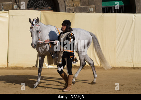 Paraden vor dem Palio-Pferderennen in Il Campo (mittelalterliche Stadtplatz), Siena, Toskana, Italien. Stockfoto