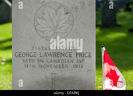 WW1 Grab von George Lawrence Preis, letzte Commonwealth-Soldaten getötet, im ersten Weltkrieg, St Symphorien Friedhof, Belgien Stockfoto