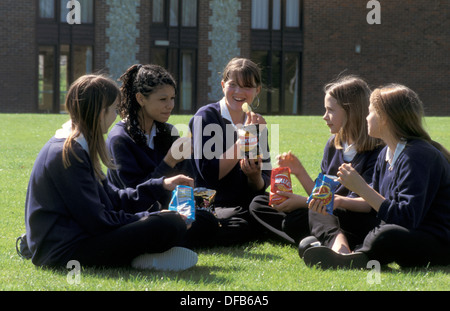 Gruppe von weiterführenden Schulmädchen sitzen auf dem Rasen essen Chips Stockfoto