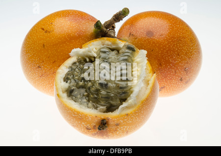 Süße granadilla (passiflora ligularis grenadia oder Obst). Stockfoto