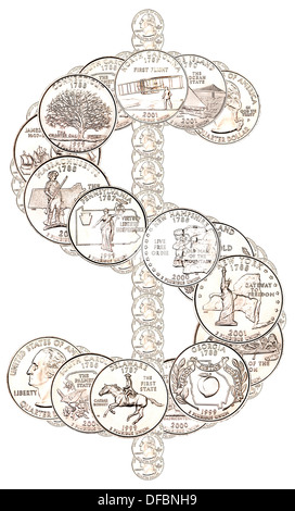 Dollarzeichen hergestellt aus Viertel-Dollar-Münzen Stockfoto