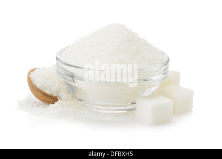 Zucker in die Schüssel isoliert auf weißem Hintergrund Stockfoto