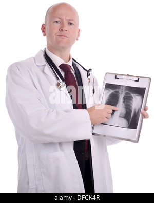 Arzt mit Röntgen-Scan auf einem weißen Hintergrund isoliert Stockfoto