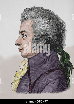 Wolfgang Amadeus Mozart ((1756 – 1791). Komponisten der Klassik. Gravur (spätere Färbung). des 19. Jahrhunderts. Stockfoto