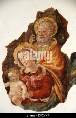 Fresko der Heiligen Familie Jesu, Marie und Joseph in der Kathedrale von Saint Andrew, Venosa, Basilikata, Italien Stockfoto