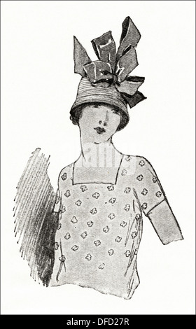 Flapper-Mode der 1920er Jahre. Rohr-Kleid mit kleinen Hut schwarz Stroh und Band, Designer unbekannt. Original Vintage Illustration aus einer Frauen Mode-Magazin ca. 1924 Stockfoto