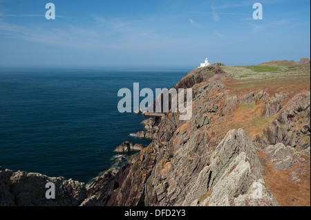 Blick entlang der südlichen Klippen in Richtung Skokholm Leuchtturm, South Pembrokeshire, Wales, Vereinigtes Königreich Stockfoto