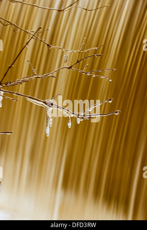 Eiszapfen und eine Wand des Wasserfalls Stockfoto