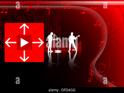 Helles rot-schwarzen Hintergrund mit Musikern und Notizen Stockfoto