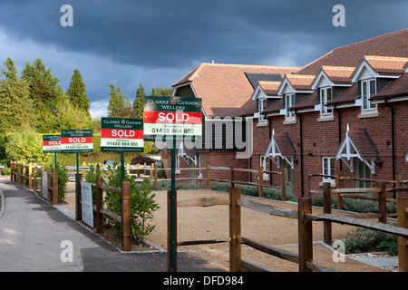 Reihe von verkauften Zeichen außerhalb der neu gebauten Häuser, Hindhead, Surrey, UK Stockfoto