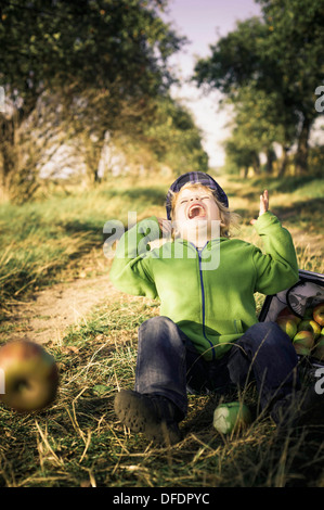 Deutschland, Sachsen, junge sitzt mit Korb voller Äpfel, lachen Stockfoto