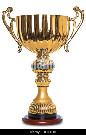 Foto von einem großen gold-Trophäe auf einem Holzständer, isoliert auf weißem Hintergrund mit Beschneidungspfad. Stockfoto