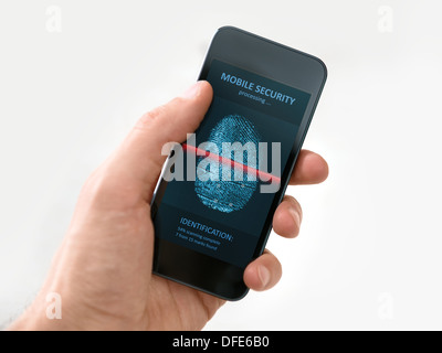Hand holding modern mobile phone showing a process of scanning fingerprint on a screen. Isolated on white background. Stockfoto