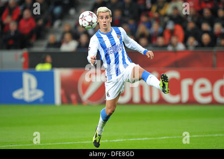 Leverkusen, Deutschland. 2. Oktober 2013. San Sebastian Antonie Griezmann während der Champions League-Gruppe A-Partie zwischen Bayer Leverkusen und Real Sociedad San Sebastian in der BayArena in Leverkusen, Deutschland, 2. Oktober 2013. Foto: Revierfoto/Dpa/Alamy Live News Stockfoto