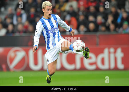 Leverkusen, Deutschland. 2. Oktober 2013. San Sebastian Antonie Griezmann während der Champions League-Gruppe A-Partie zwischen Bayer Leverkusen und Real Sociedad San Sebastian in der BayArena in Leverkusen, Deutschland, 2. Oktober 2013. Foto: Revierfoto/Dpa/Alamy Live News Stockfoto