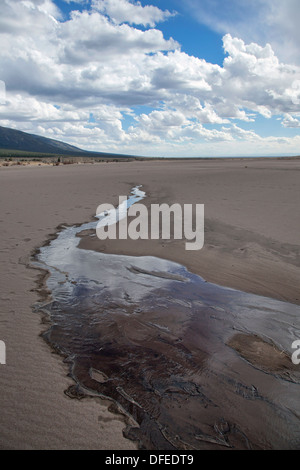 Das Wasser des Medano Creek fließt kurz über eine sandige waschen vor dem verschwinden, Great Sand Dunes National Park, Colorado. Stockfoto