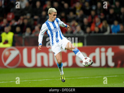 Leverkusen, Deutschland. 2. Oktober 2013. UEFA Fußball Championsleague 2013/14 Gruppe Stufe 2. Spieltag 2.10.2013, Bay Arena Leverkusen, Bayer 04 Leverkusen - Real Sociedad San Sebastian---Antoine Griezmann (San Sebastian) Credit: Kolvenbach/Alamy Live-Nachrichten Stockfoto