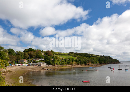 Blick auf das Dorf über Gillan Hafen, St. Anthony in Meneage, Cornwall Stockfoto