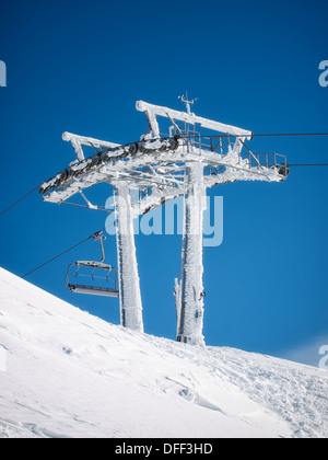 Eisbildung auf der Infrastruktur eines Skilifts. Stockfoto