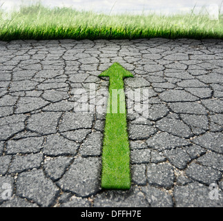 Gebrochene Asphalt und grüne Grass.Nature Konzept Stockfoto