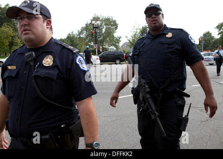 Washington, DC, USA. 3. Oktober 2013: US-Geheimdienst und Polizei Capitol jagen eine Frau, die versucht zu Sicherheits-Tor im Weißen Haus mit ihrem Auto zu rammen.  Eine Verfolgungsjagd erfolgt aus dem weißen Haus, dem US Capitol Gebäude.  Die Jagd endet bei einem Crash, Schüsse von Capitol Police.  Die Frau-Fahrer bestätigt tot, Capitol Polizist verletzt. © B Christopher/Alamy Live-Nachrichten Stockfoto