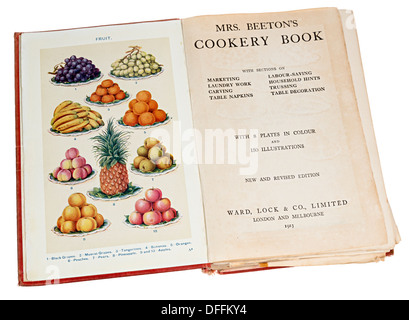 Frau Beaton Kochbuch von 1923 zeigt Titelseite und Obst illustration Stockfoto